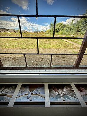 Blick durchs Fenster auf ein Feld.