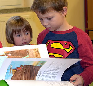 Ein Junge blättert in einem illustrierten Buch.