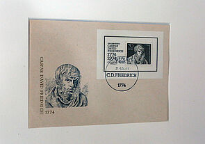 Brief und Briefmarke mit dem Gesicht von Caspar David Friedrich
