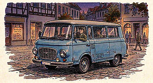 Ein Oldtimer-Transporter. Er steht in einer Stadt. Im Auto sitzen der Fahrer und ein Fahrgast. Es ist nacht. Das Bild ist eine Zeichnung.