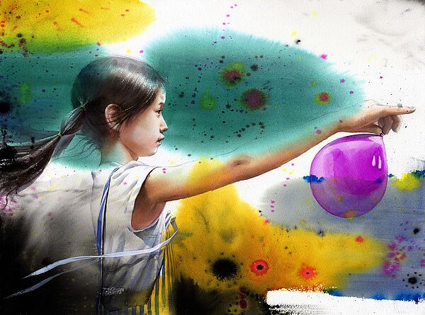 Aquarellzeichnung mit einem Mädchen, das einen Luftballon in der Hand hält.