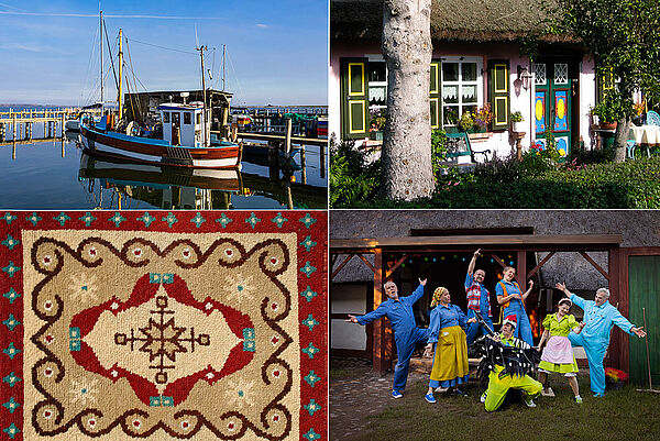 Eine Bilder-Collage. Sie zeigt ein Fischereiboot, eine Darßer Haustür, einen Fischerteppich und ein niederdeutsches Theater-Ensemble.