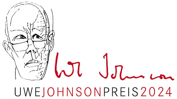 Das Logo zum Literaturpreis. Neben einem gezeichneten Porträt von Uwe Johnson steht sein Autogramm. Darunter der Schriftzug "Uwe Johnson Preis 2024".