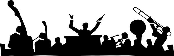 Eine schwarze Silhouette eines Orchesters. In der Mitte dirigiert der Dirigent. Vor ihm spielen Musiker Trompete, Tuba, Kontrabass 