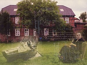 Eine Collage. Auf dem Bild sitzt unter anderem eine Frau vor einem Haus.