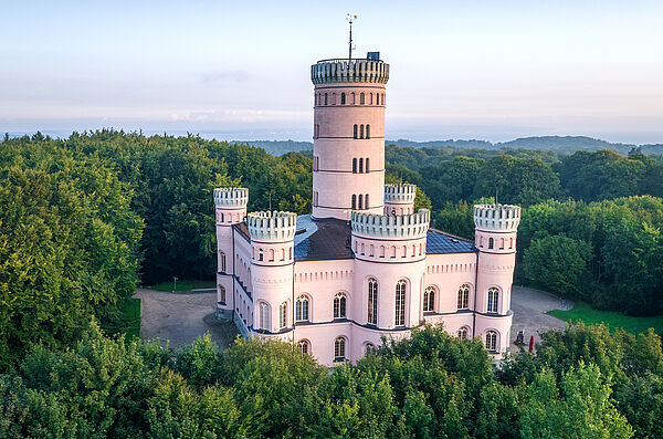 Eine Luftaufnahme vom Schloss. Das Gebäude befindet sich in der Mitte des Bildes. Drumherum befindet sich Wald.