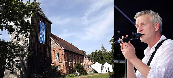 Eine Ankündigung: Der Sänger rechts im Bild singt in einer Kirche.