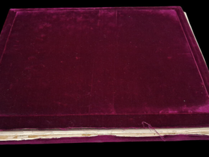 Ein Buch. Der Einband ist aus rotem Samt. Der Einband ist kaputt.