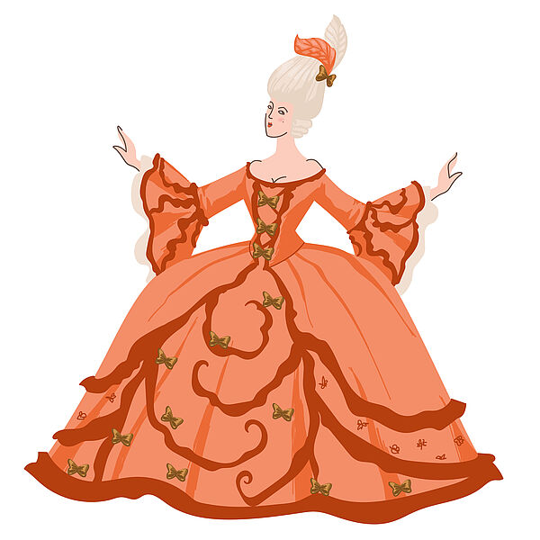 Eine Zeichnung. Die Zeichnung zeigt eine Frau. Die Frau trägt ein Kleid. Das Kleid ist sehr festlich.