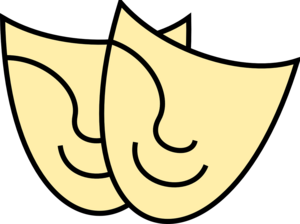 Zwei gelbe, gezeichnete Masken, die lachen.