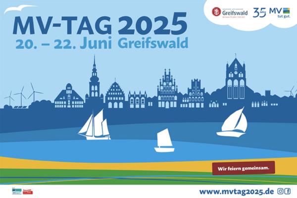 Das Plakat zum MV-Tag. Zu sehen ist der Blick übers Wasser auf Greifswald.