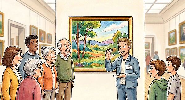 Ein Museum. Leute stehen vor einem Bild. Ein Mann macht Zeichen mit der Hand.
