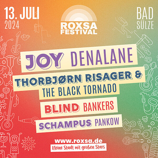Eine bunte Kachel. Darauf stehen die Acts, die am Samstag auftreten: Joy Denalane, Thorbjørn Risager & The Black Tornado, Blind Bankers und Schampus Pankow.