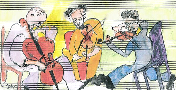 Eine Grafik. Drei Personen spielen auf ihren Instrumenten.