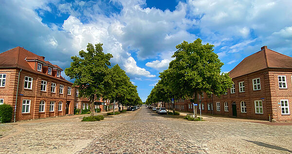 Eine Kopfsteinpflasterstraße. An der Fahrbahn reihen auf beiden Seiten Bäume an Bäume. Auf beiden Seiten stehen Backsteinhäuser. Am Straßenrand parken Autos.