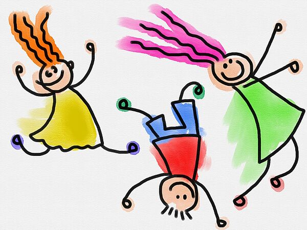 Eine Zeichnung. Darauf sind 3 Kinder. Die Kinder hüpfen und lachen.