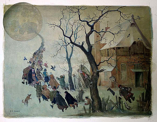 Zwei Bäume. Dahinter steht ein Haus. Am Himmel ist der Mond. Auf dem Bild sind auch Menschen. Sie fliegen wie in einem Sog Richtung Mond.
