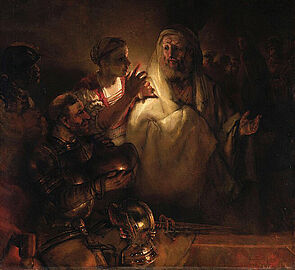 Ein Gemälde. Das Gemälde zeigt vier Personen: Zwei Wachen, Petrus und Jesus.