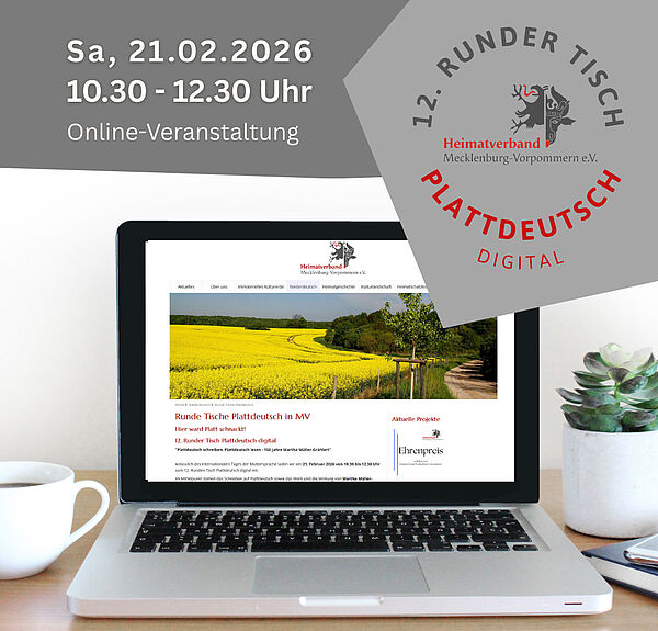 Ein aufgeklappter Laptop. Auf dem Bildschirm erscheint der Hinweis auf den Runden Tisch. Neben dem Laptop stehen ein Blumentopf und eine Tasse Kaffee.