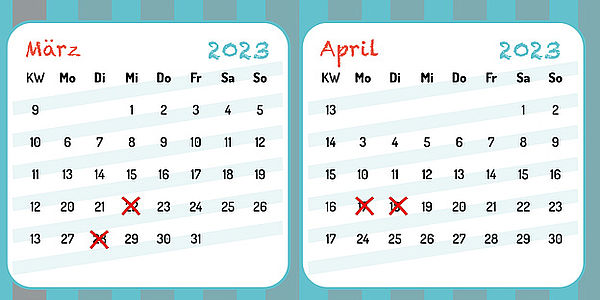 Zwei Kalenderblätter für März und April 2023, auf denen die Sprechtage angekreuzt sind. 
