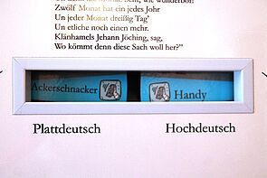 Eine Mitmachstation. Darauf können plattdeutsche Begriffe ihrer hochdeutsche Bedeutung zugeordnet werden.