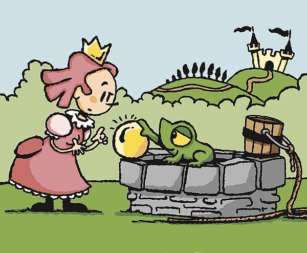 Eine Zeichnung zum Froschkönig. Die Prinzessin steht vor dem Brunnen, der Frosch sitzt auf dem Brunnenhand. Vor ihm liegt die goldene Kugel. Im Hintergrund steht ein Schloss. 