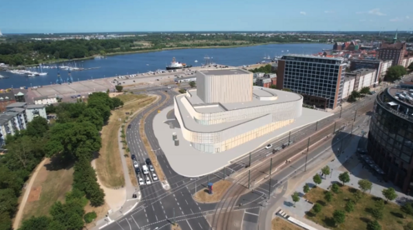 Das geplante Volkstheater visualisiert. Blick von oben, im Hintergrund fließt die Warnow.