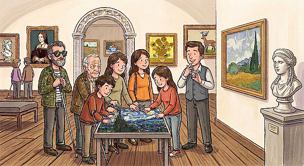 Ein Raum im Museum. Besucher machen eine Führung. Sie berühren ein Bild. Ein Mann macht Gebärdensprache.