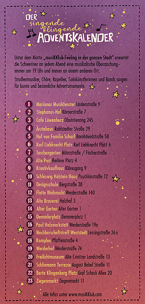 Ein Flyer vom singenden klingenden Adventskalender. Darauf stehen die Adressen der Konzerte.