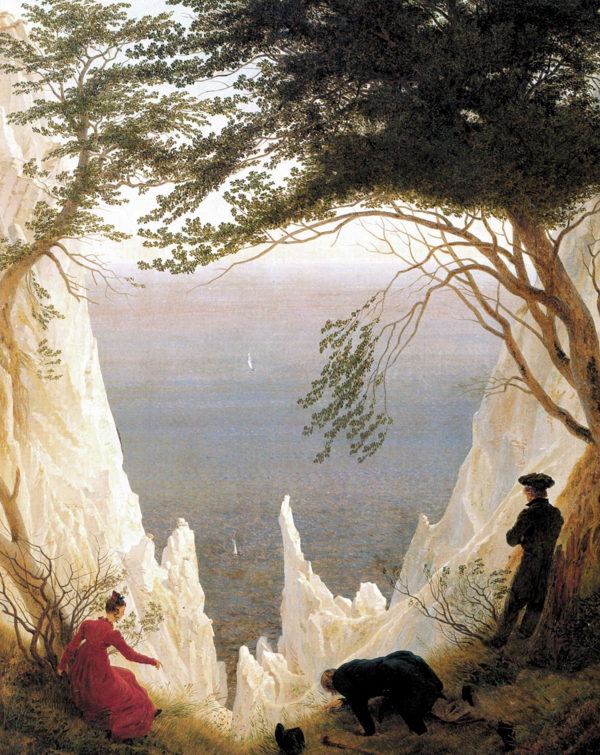 Eine Gemälde. Zwischen den Kreidefelsen liegt die Ostsee. Am Rand der Felsen befinden sich eine Frau und zwei Männer.