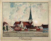 Aquarell "Die Kirche mit einem Theile des Marktes zu Bergen", um 1850