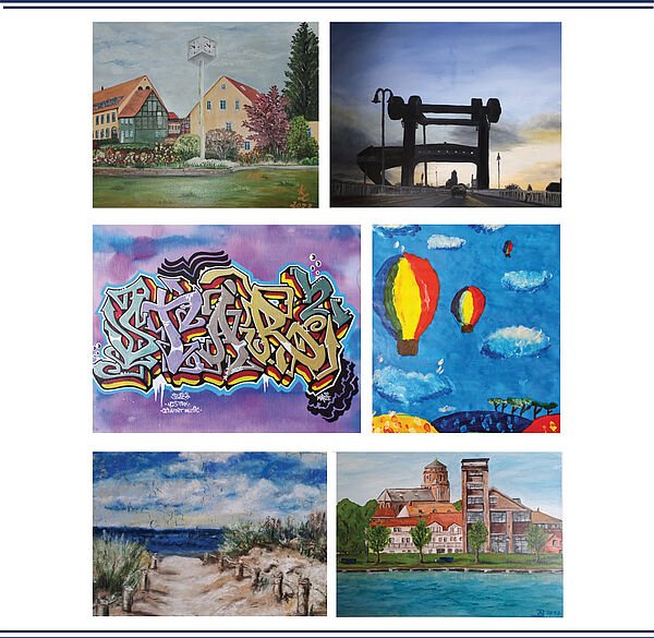 Sechs Abbildungen. Sie zeigen ein Graffiti, einen Strandzugang, die Stadtsilhouette vom Wasser aus gesehen, fliegende Heißluftballons, die Peenebrücke und eine Ansicht der Altstadt. 