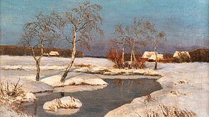 Eine Gemälde zeigt eine Winterlandschaft. Ein Fluss schlängelt sich durch die Landschaft.