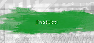 Vor einem grauen Hintergrund befindet sich ein dicker, grüner Pinselstrich. Darauf steht "Produkte".