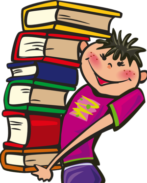 Eine Zeichnung von einem Jungen, der sechs übereinander gestapelte Bücher trägt. 