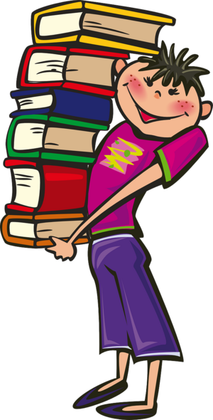Eine Zeichnung von einem Jungen, der sechs übereinander gestapelte Bücher trägt.