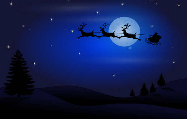Ein Mond leuchtet auf schwarz-blauem Hintergrund. Sterne funkeln. Drei Rentiere fliegen mit dem Weihnachtsmann im Schlitten am Mond vorbei.