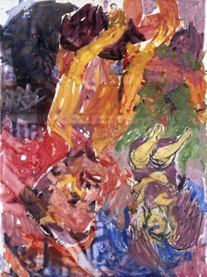 Ein Gemälde in bunten Farben. Ein Werk des berühmten Malers Georg Baselitz.