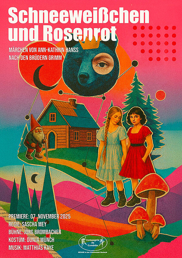 Das Plakat zum Theaterstück Schneeweißchen und Rosenrot.