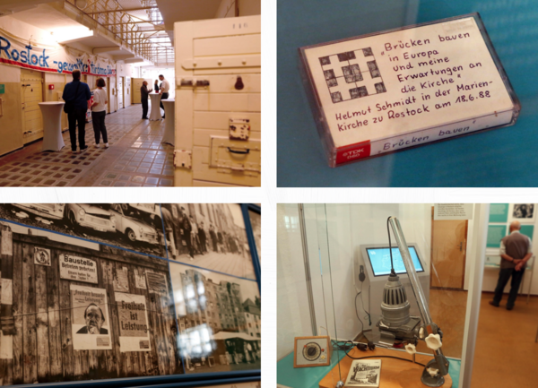 Collage mit Bildern aus der Ausstellung in der Dokumentations- und Gedenkstätte Rostock.