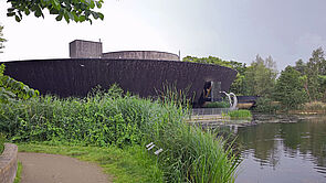 Außenansicht vom Ozeaneum. Drumherum wachsen Bäume und Gräser und befindet sich Wasser.