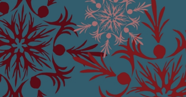 Ein Wandbild zeigt verschiedene Formen in rötlichen Tönen. 