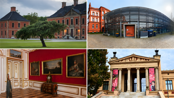 Eine Collage zeigt vier Kulturhäuser. Zwei Schlösser, ein Museum, eine Bibliothek.
