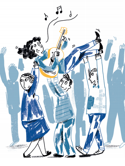 Eine Frau und zwei Männer tragen eine Gitarrenspielerin auf Händen. Dahinter: eine angedeutete Menschenmenge. Die Zeichnung ist in Blautönen gehalten.