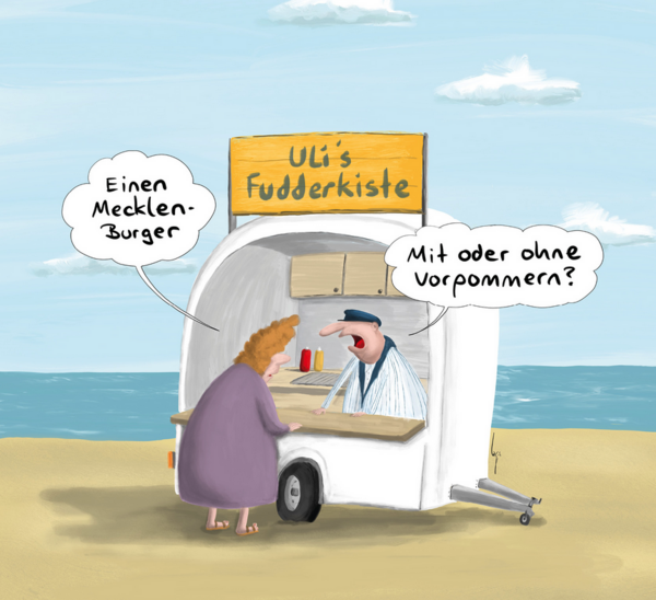 Ein Cartoon. Eine Frau bestellt etwas an einem Imbisswagen, der am Strand steht.