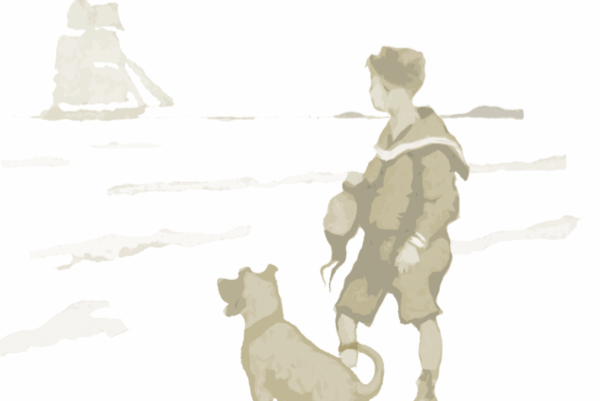 Ein Junge ist mit einem Hund unterwegs. Der Junge schaut sich zur Seite zu einem Segelboot auf dem Wasser.