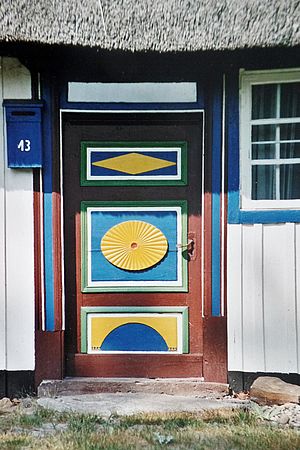 Eine bunte Darßer Haustür in Gelb, Weiß, Grün, Blau und Rot. Ihre Ornamente: ein Halbkreis, ein geriffeltes Oval und ein Rhombus.