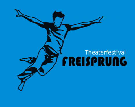 Das Logo vom Freisprung Festival: Eine schwarze Silouhette eines Mannes auf blauem Grund. Daneben der Schriftzug.