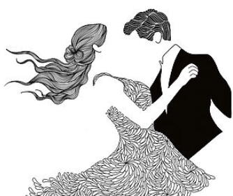 Eine Zeichnung. Zu sehen sind eine Frau und ein Mann. Sie tanzen.