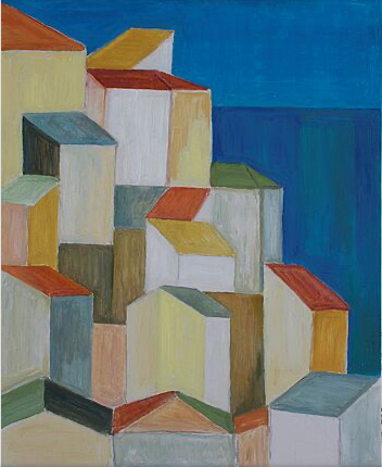 Bunte Vierecke. Die Vierecke erinnern an Häuser. Sie sind wie an einem Hang angeordnet. Im Hintergrund sind ein Meer und blauer Himmel.